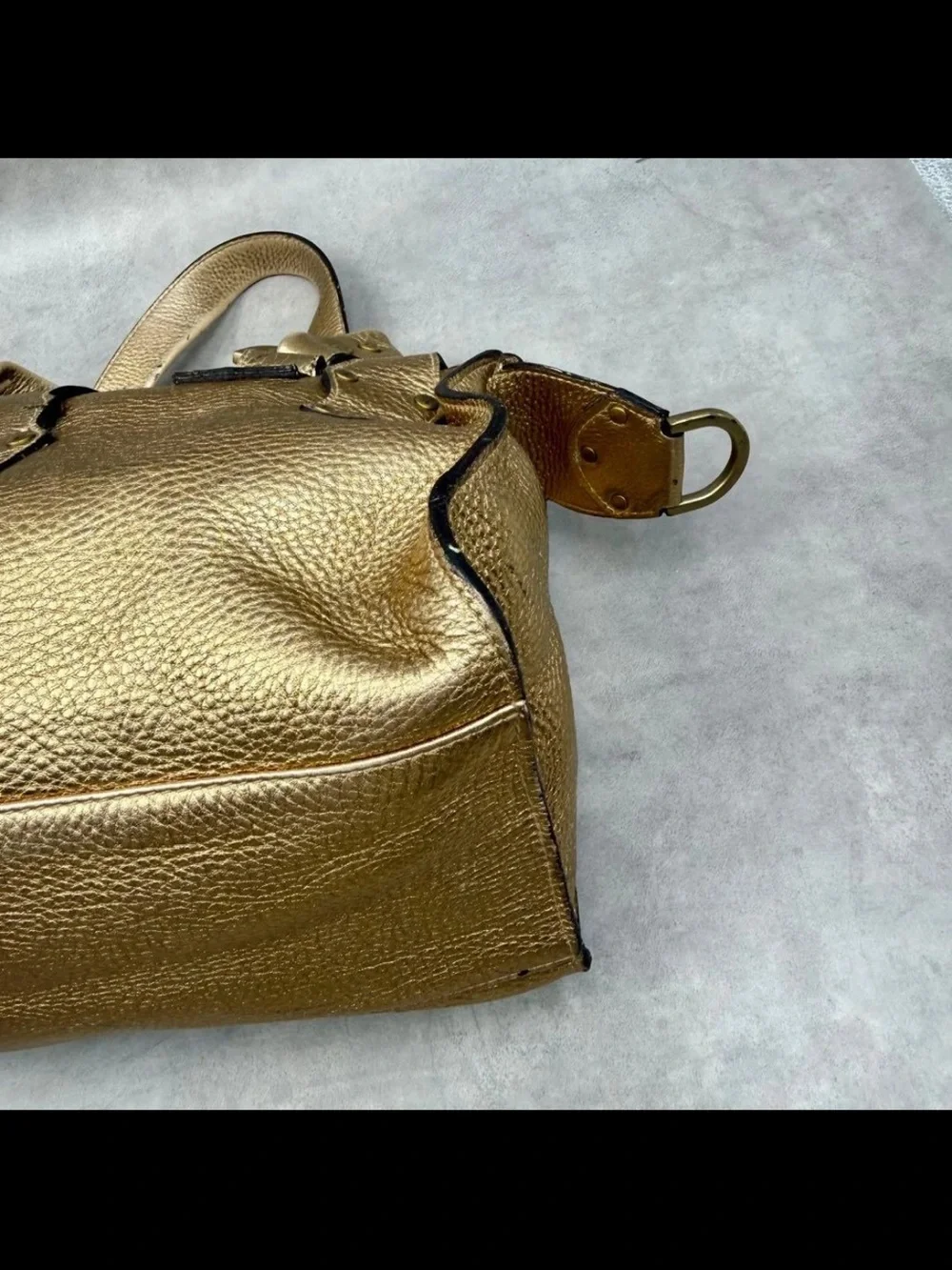 Mulberry Metallic Gold Leather Satchel with Buckle Pockets